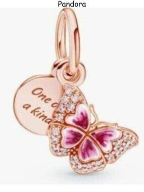 Pink Butterfly & Quote Double Dangle Charm ,Charms fit Pandora Bracelet